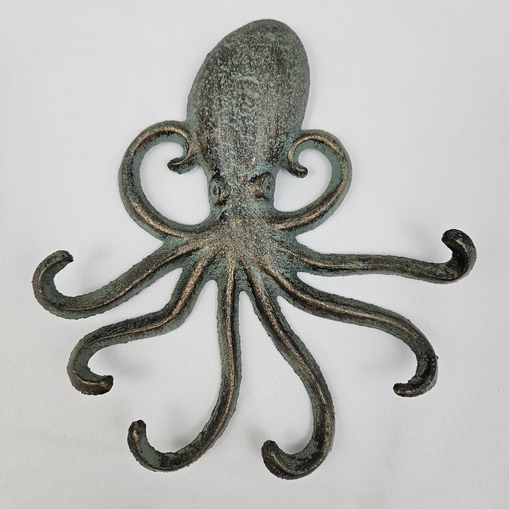 Cast Iron Octopus Wall Hook Key Rack Towel Hanger Verdigris Nautical Coastal